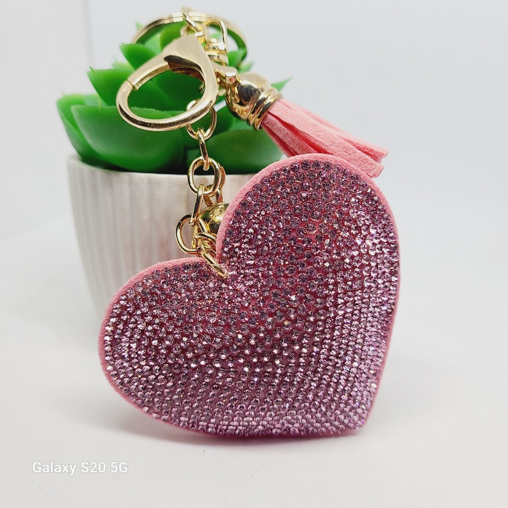 Rhinestone Heart Keychain Purse Charm Bag Accessories Light Pink Gold Tassel - Picture 2 of 4